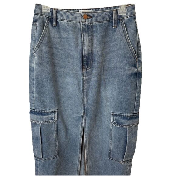 Love Fire Denim Cargo Skirt Size 5 Front Slit Pockets Blue Medium Wash Midi Maxi - Picture 2 of 8